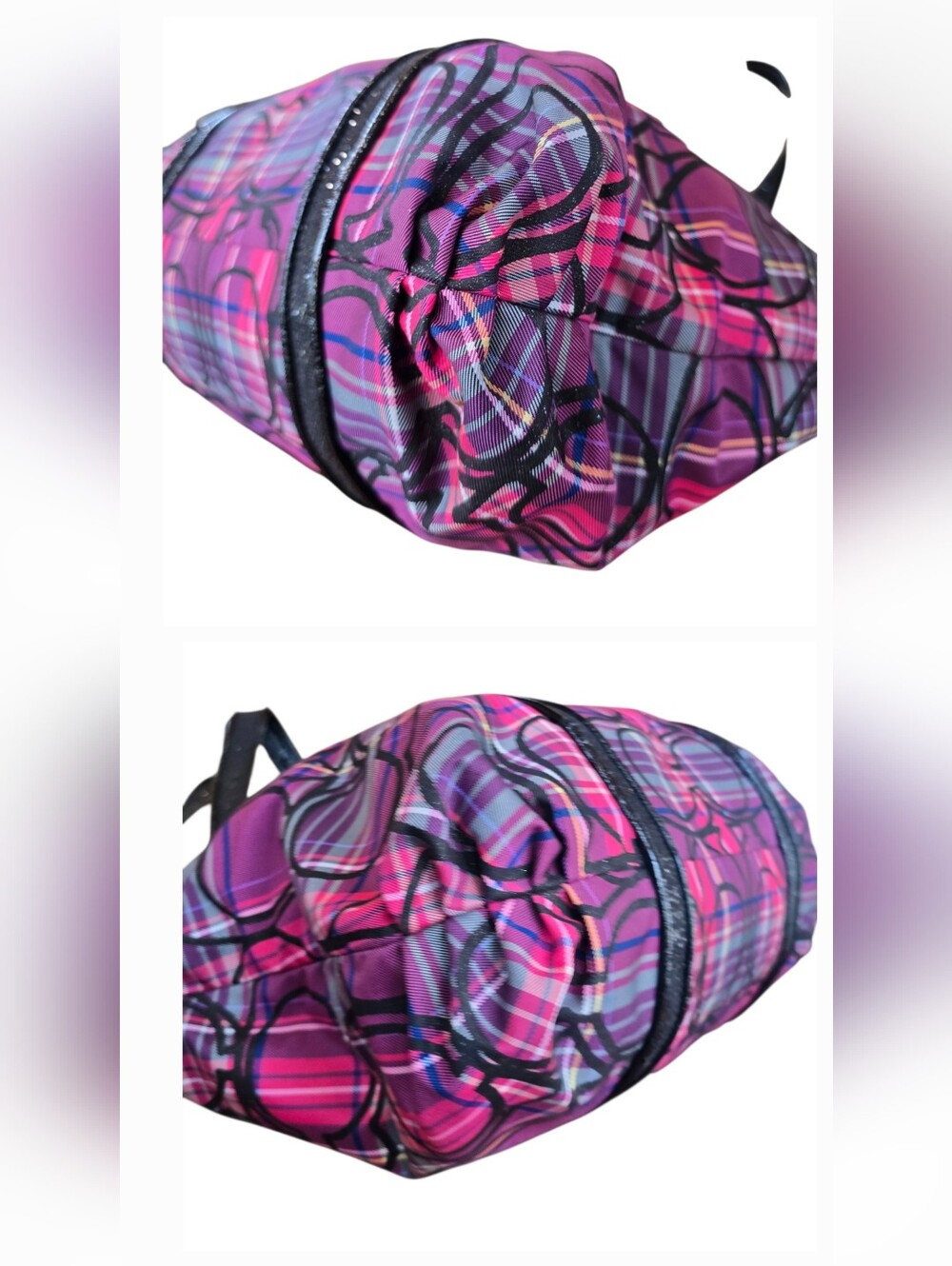 Coach Poppy Tartan Glam Purple Magenta  Black Tote Wristlet 2 Piece Set - Picture 8 of 16
